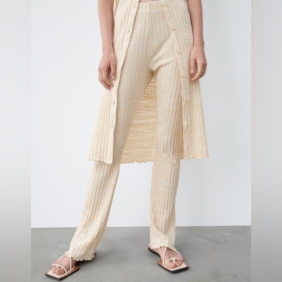 Zara Cream Tan Ribbed Flare Leg High Waisted Pants - Picture 8 of 8